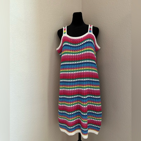 GAP vtg Multi Color Horizontal Stripe Crochet Mini Dress Sleeveless Sz M, Boho - Picture 1 of 8